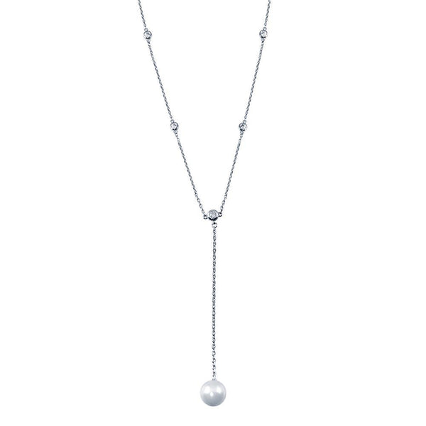 Rhodium Plated 925 Sterling Silver CZ By The Yard Necklace with drop Mother of Pearl