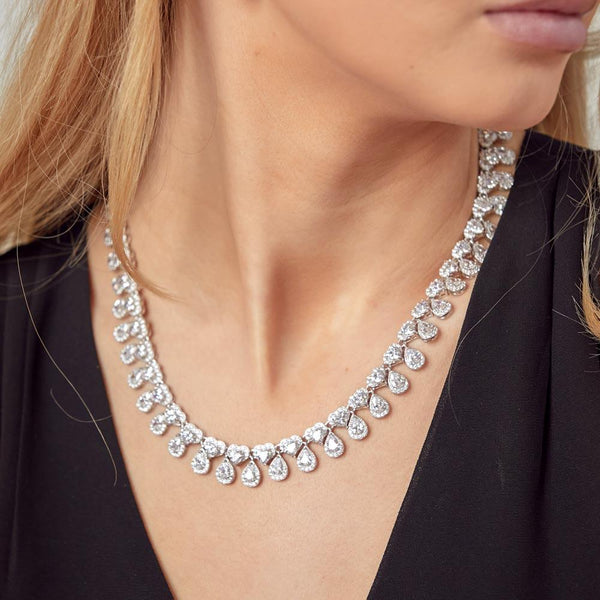 Rhodium Plated 925 Sterling Silver Teardrop Heart CZ Tennis Necklace