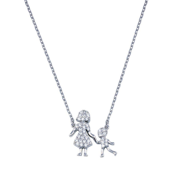 Rhodium Plated 925 Sterling Silver CZ Mother and Son Clear CZ Necklace