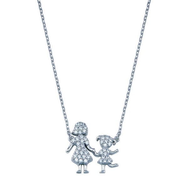 Rhodium Plated 925 Sterling Silver CZ Mother and Daughter Clear CZ Necklace