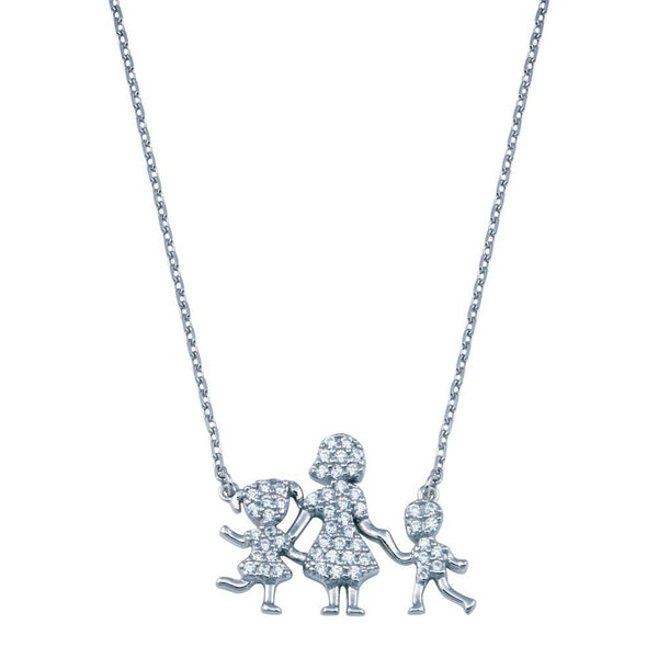 Rhodium Plated 925 Sterling Silver CZ Mother Daughter and Son Clear CZ Necklace