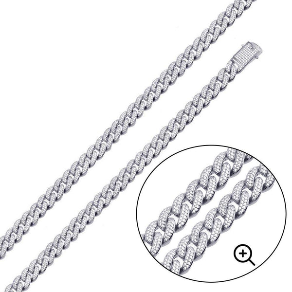 Rhodium Plated 925 Sterling Silver 9.5mm Miami Curb CZ Chain or Bracelet - GMN00176 | GMB00089