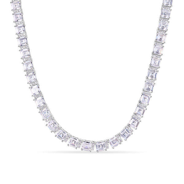 Rhodium Plated 925 Sterling Silver Square Cut Clear CZ 5.8mm Adjustable Length Tennis Necklace