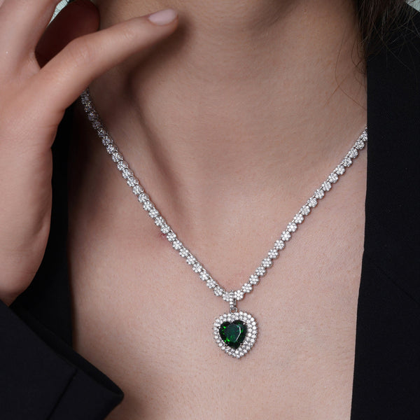 Rhodium Plated 925 Sterling Silver Heart Green CZ Pendant 3.8mm Round Cut Clear CZ Tennis Necklace