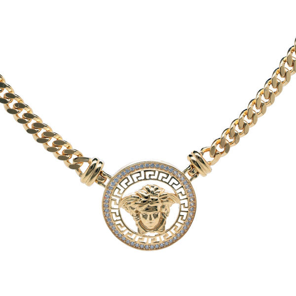 Gold Plated 925 Sterling Silver Medusa Greek Key Clear CZ Curb Adjustable Necklace