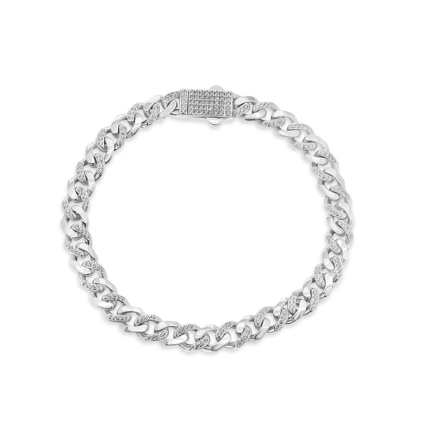 Rhodium Plated 925 Sterling Silver Miami Cuban Half Link Studded Clear CZ 6.9mm Necklace or Bracelet