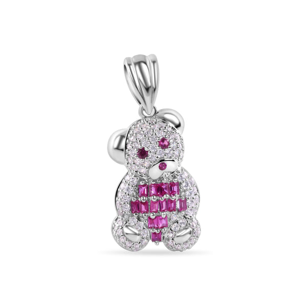 Rhodium Plated 925 Sterling Silver Small 18.6mm Teddy Bear Red Baguette and Clear CZ Pendant