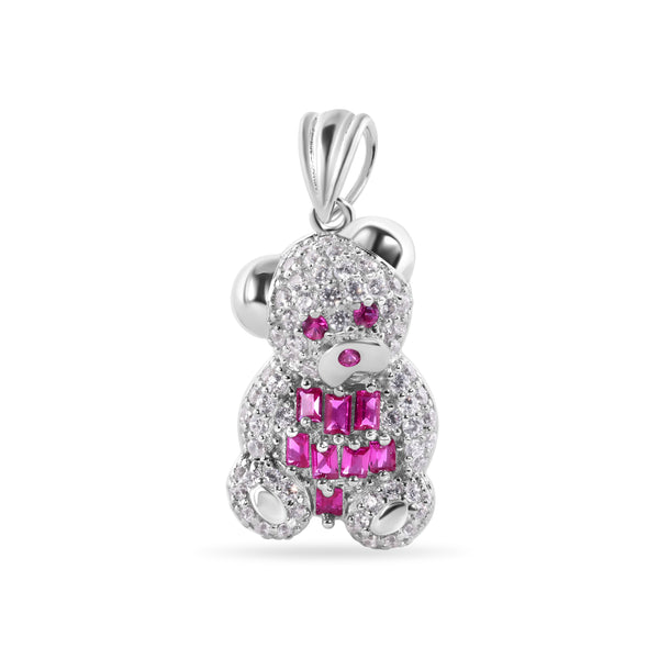 Rhodium Plated 925 Sterling Silver Medium 21.1mm Teddy Bear Red Baguette and Clear CZ Pendant