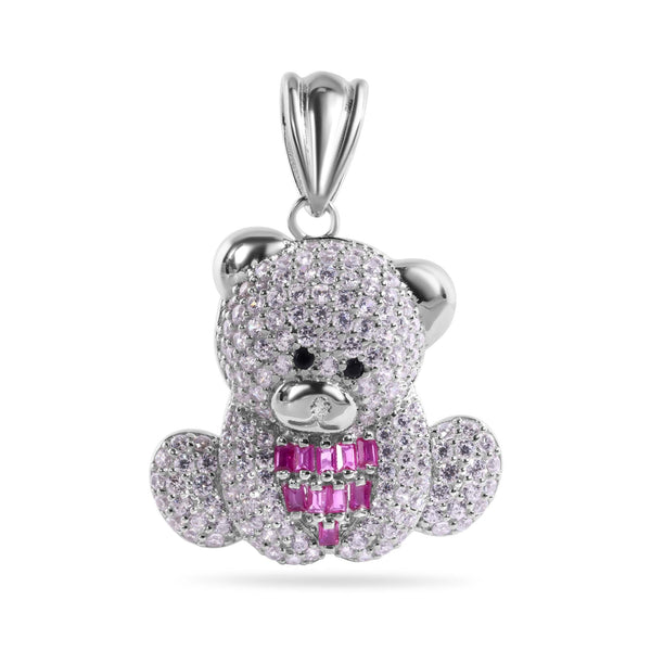 Rhodium Plated 925 Sterling Silver Teddy Bear Red Baguette and Clear CZ Pendant