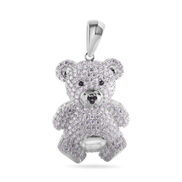 Rhodium Plated 925 Sterling Silver Teddy Bear Clear and Black CZ Pendant