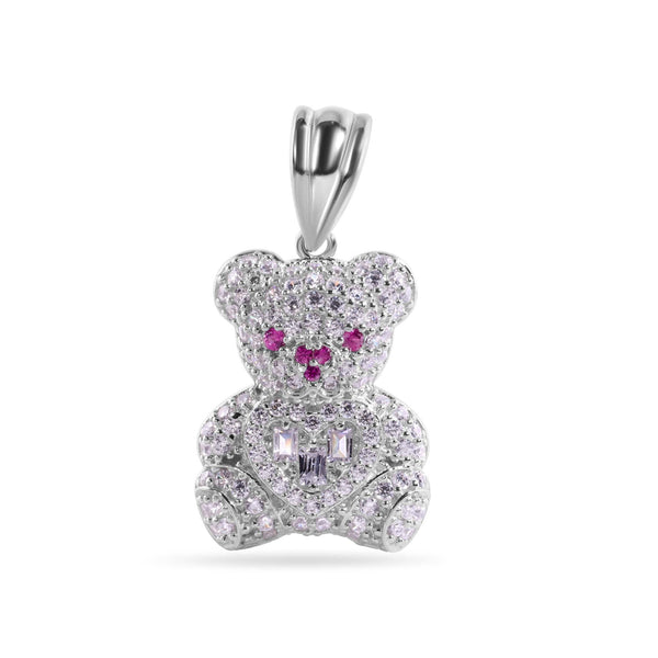 Rhodium Plated 925 Sterling Silver Teddy Bear Clear Baguette Heart Red and Clear CZ Pendant