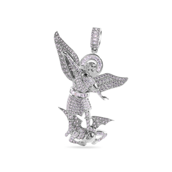 Rhodium Plated 925 Sterling Silver Saint Michael Clear CZ Small Pendant