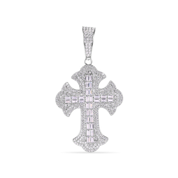 Rhodium Plated 925 Sterling Silver 43.8mm Fleur De Lis Cross Baguette Cut Clear CZ Pendant