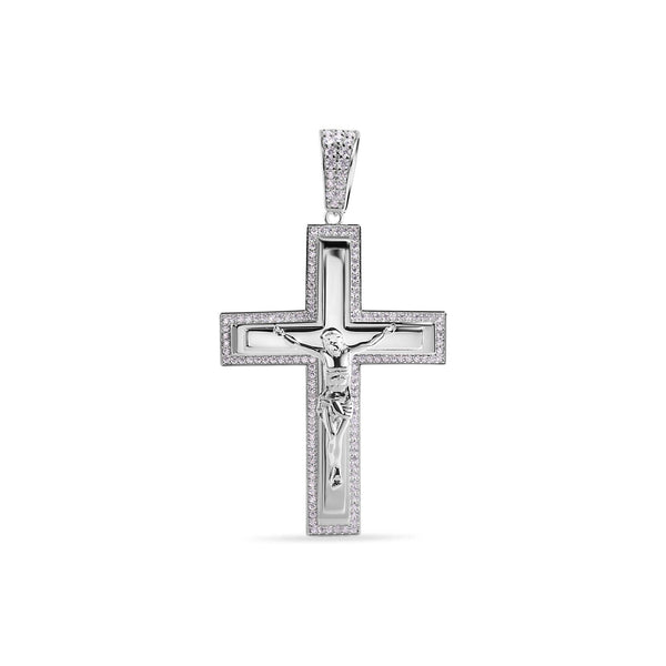 Rhodium Plated 925 Sterling Silver Crucifix Clear CZ Pendant