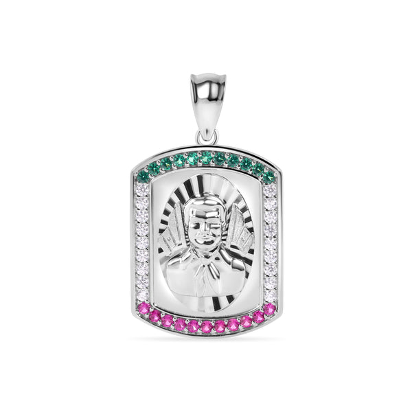 Rhodium Plated 925 Sterling Silver 27.5mm Malverde Diamond Cut Green Red and Clear Pendant