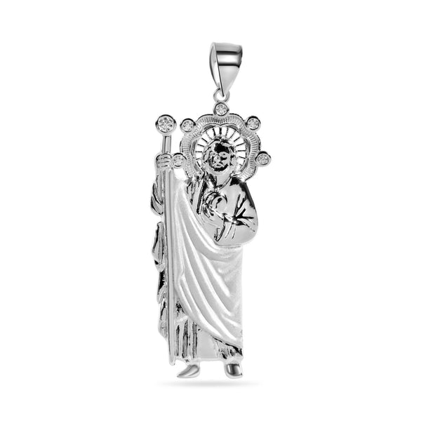 Rhodium Plated 925 Sterling Silver Sandblast Saint Jude Clear CZ Pendant