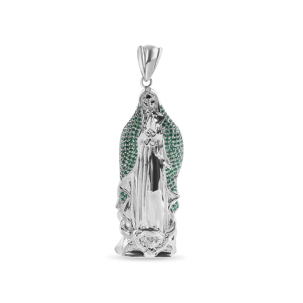 Rhodium Plated 925 Sterling Silver Virgin Mary 3D Green CZ Small Pendant