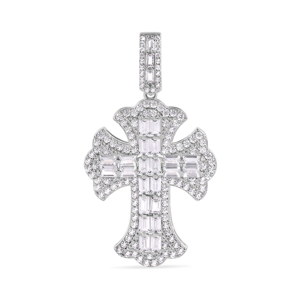 Rhodium Plated 925 Sterling Silver 32.1mm Fleur De Lis Cross Baguette Cut Clear CZ Pendant