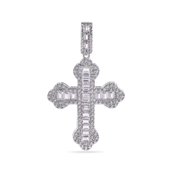 Rhodium Plated 925 Sterling Silver Cross Baguette Clear CZ Pendant