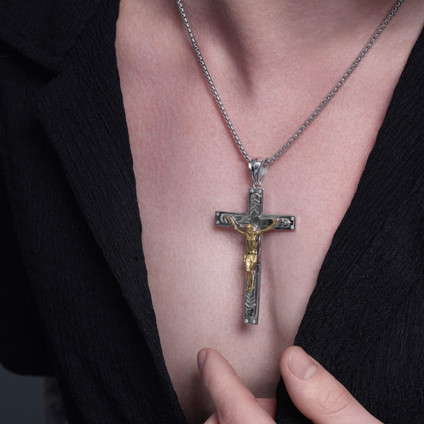 Two Tone Plated 925 Sterling Silver Crucifix Cross Clear CZ 40.1mm x 62.6mm Pendant