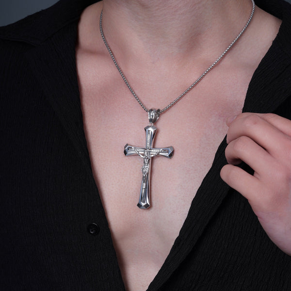 Rhodium Plated 925 Sterling Silver Jesus Christ Cross Crucifix 46.5mm x 76.5mm Clear CZ Pendant