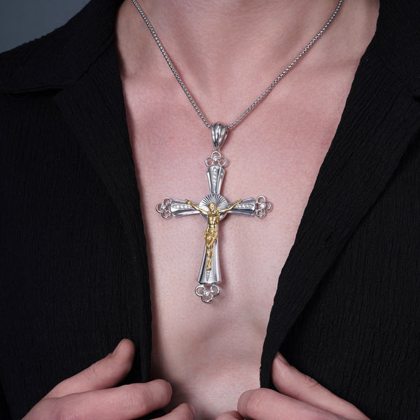 Two-Tone Plated 925 Sterling Silver Diamond Cut Jesus Christ Cross 74.5mmx 98.6mm Clear CZ Pendant