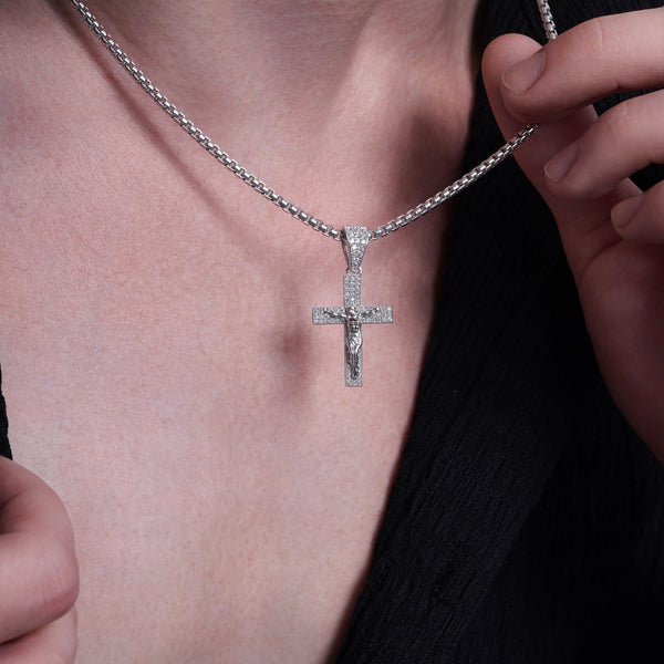Rhodium Plated 925 Sterling Silver Crucifix Cross Clear CZ 18.4mm x 25.5mm Pendant