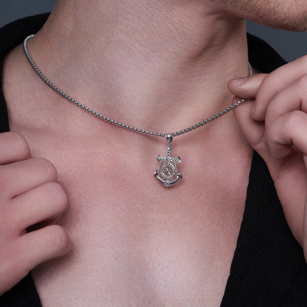 Rhodium Plated 925 Sterling Silver Diamond Cut Mariner Anchor Greek Key 18.4mm x 27.3mm Pendant