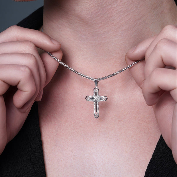 Rhodium Plated 925 Sterling Silver Layered Crucifix Cross Arrow Edge Clear CZ 21.5mm x 29mm Pendant