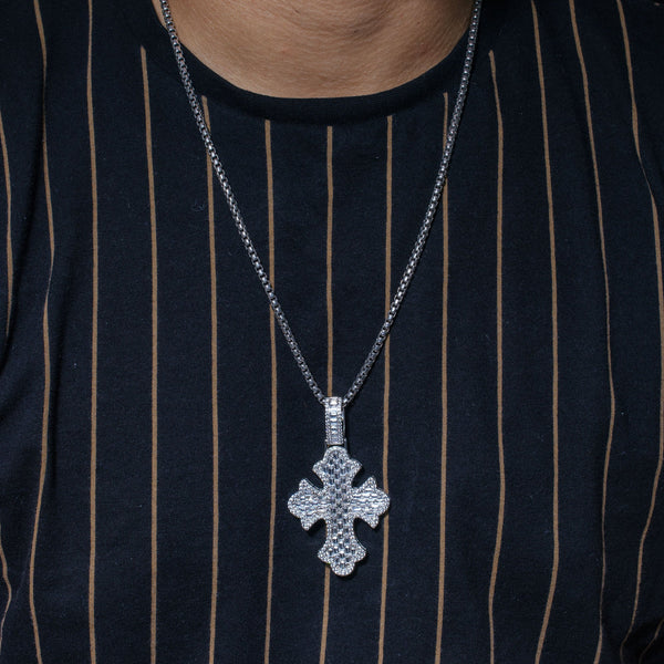 Rhodium Plated 925 Sterling Silver 52.6mm Fleur De Lis Cross Baguette Cut Clear CZ Pendant