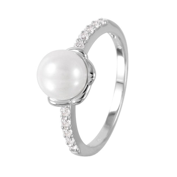 Silver 925 Rhodium Plated Faux Pearl CZ Accent Ring