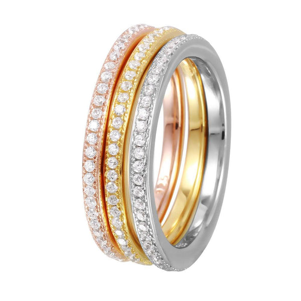 Silver 925 Rhodium Plated Tri-Color Stackable CZ Inlay Ring