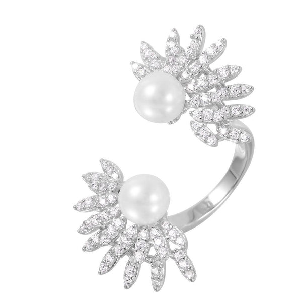 Silver 925 Rhodium Plated Synthetic Pearl Burst Open CZ Ring