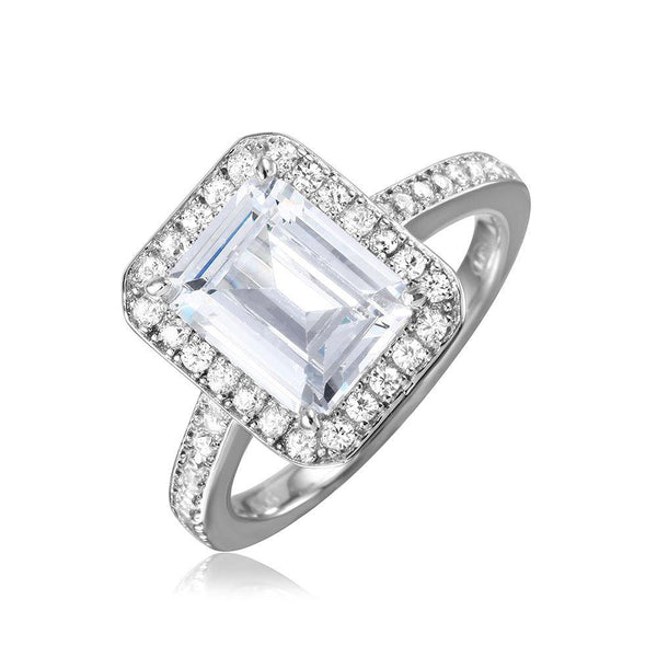 Silver 925 Rhodium Plated Emerald Cut Halo Ring