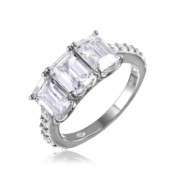 Silver 925 Rhodium Plated 3 Rectangle CZ Center Ring