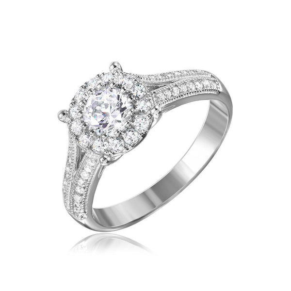Silver 925 Rhodium Plated Halo Ring Encrusted with Micro Pave