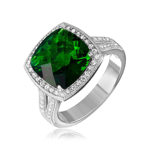 Silver 925 Rhodium Plated Square Halo Green CZ Ring with Micro Pave Stones