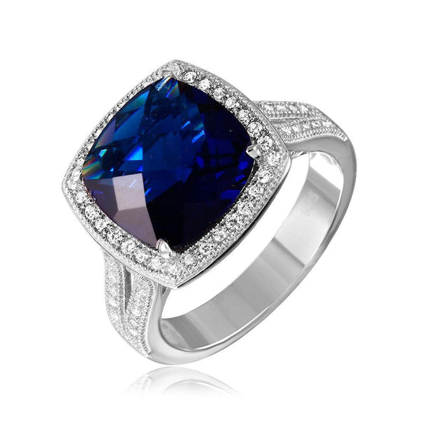 Silver 925 Rhodium Plated Square Halo Blue CZ Ring with Micro Pave Stones