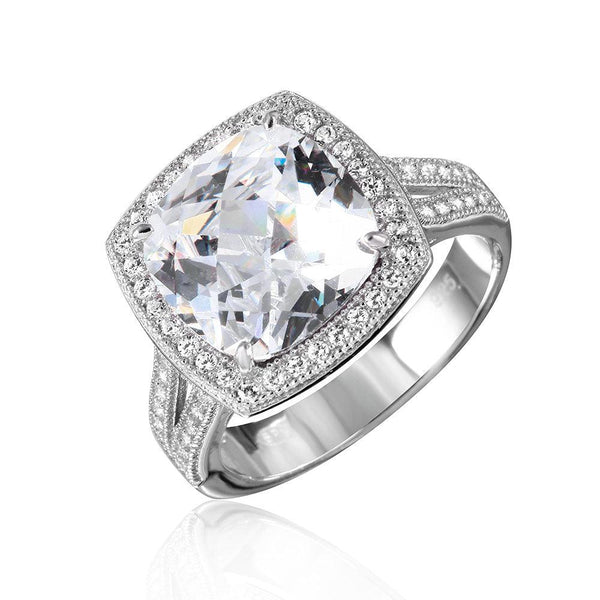 Silver 925 Rhodium Plated Square Halo CZ Ring with Micro Pave Stones