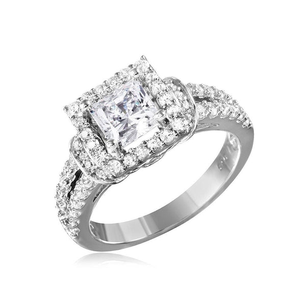 Silver 925 Rhodium Plated Square Design CZ Center Stone Ring