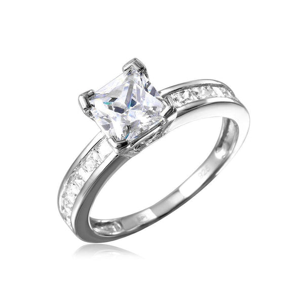 Silver 925 Rhodium Plated Square Center Stone with CZ Band