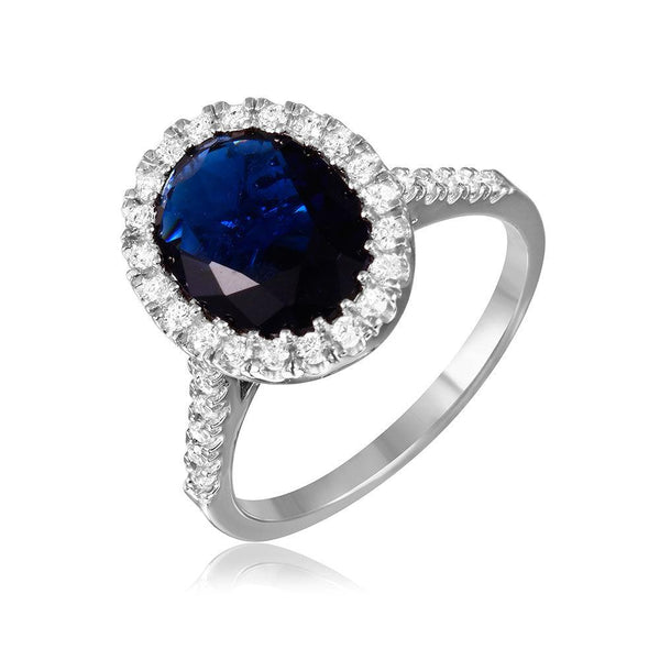 Silver 925 Rhodium Plated Blue Oval Halo Ring with CZ Stones