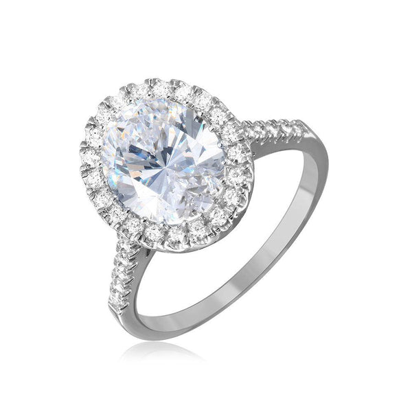 Silver 925 Rhodium Plated Clear Oval Halo Ring with CZ Stones