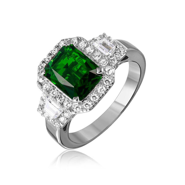 Silver 925 Rhodium Plated Green Emerald Cut Center CZ Stone Ring