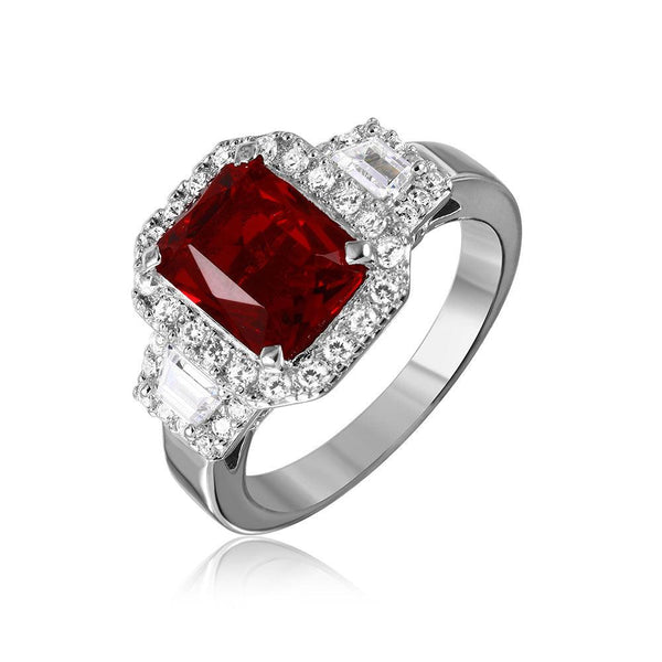 Silver 925 Rhodium Plated Red Emerald Cut Center CZ Stone Ring