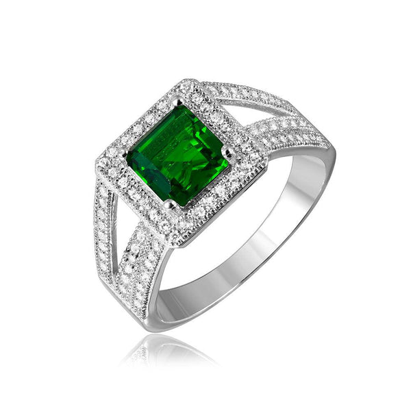 Silver 925 Rhodium Plated Green Square Halo with Micro Pave CZ Ring