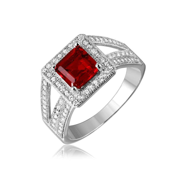Silver 925 Rhodium Plated Red Square Halo with Micro Pave CZ Ring
