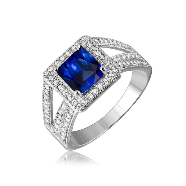Silver 925 Rhodium Plated Sapphire Square Halo with Micro Pave CZ Ring