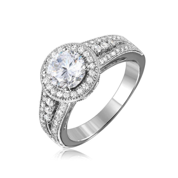 Silver 925 Rhodium Plated Halo Ring with CZ Split Shank Band