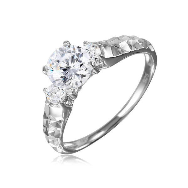Silver 925 Rhodium Plated CZ Center Stone Ring with Hammered Shank